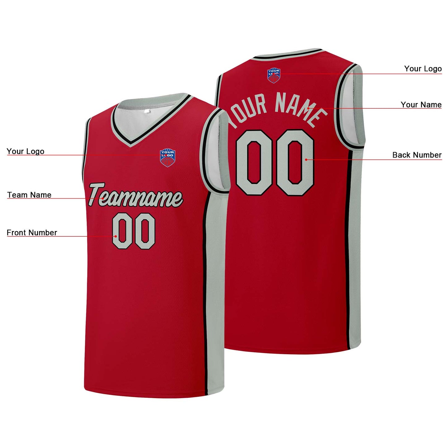 Individuelle Basketball-Jersey-Shorts für Männer und Frauen. Gestickter und gedruckter Name, Nummer und Logo Rot&Grau