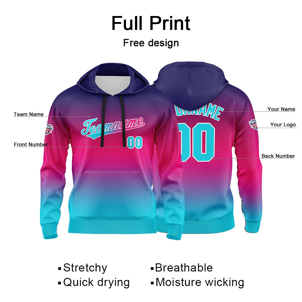 Benutzerdefinierter Verlauf Hoodie für Mann, Frau, Mädchen, Junge. Drucken Sie Ihr Logo, Ihren Namen und Ihre Nummer Mauve Blau