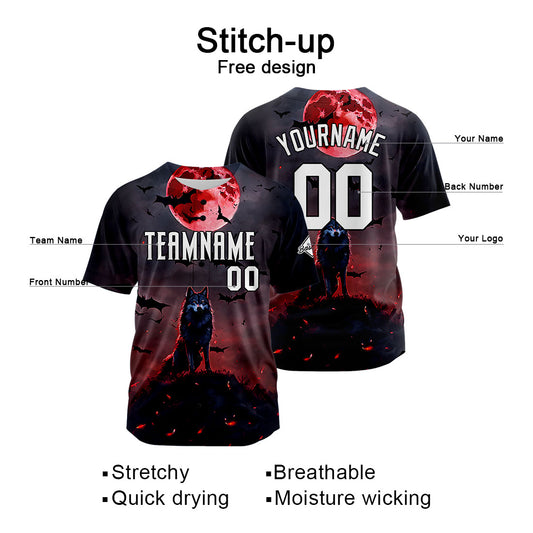 Benutzerdefinierte Baseball Jersey Personalisierte Baseball Shirt genäht und Druck Blutmond Wolf