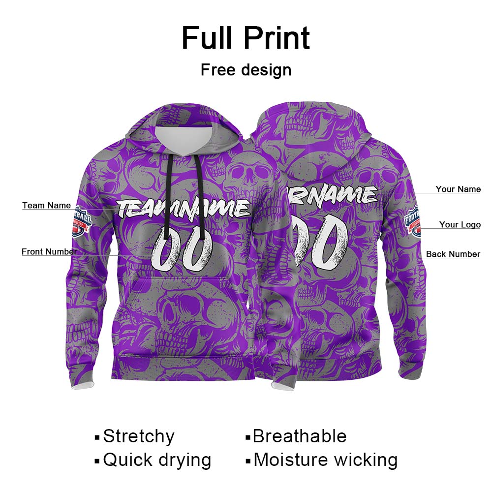 Benutzerdefinierter Sweatshirt-Hoodie für Mann, Frau, Mädchen, Junge. Drucken Sie Ihr Logo, Ihren Namen und Ihre Nummer Lila&Grau