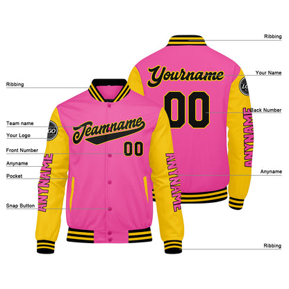 Maßgeschneiderte Rosa Gelb Schwarz Letterman Varsity Jacket Individuelle Stickerei Druck nach Ihrem Wunsch