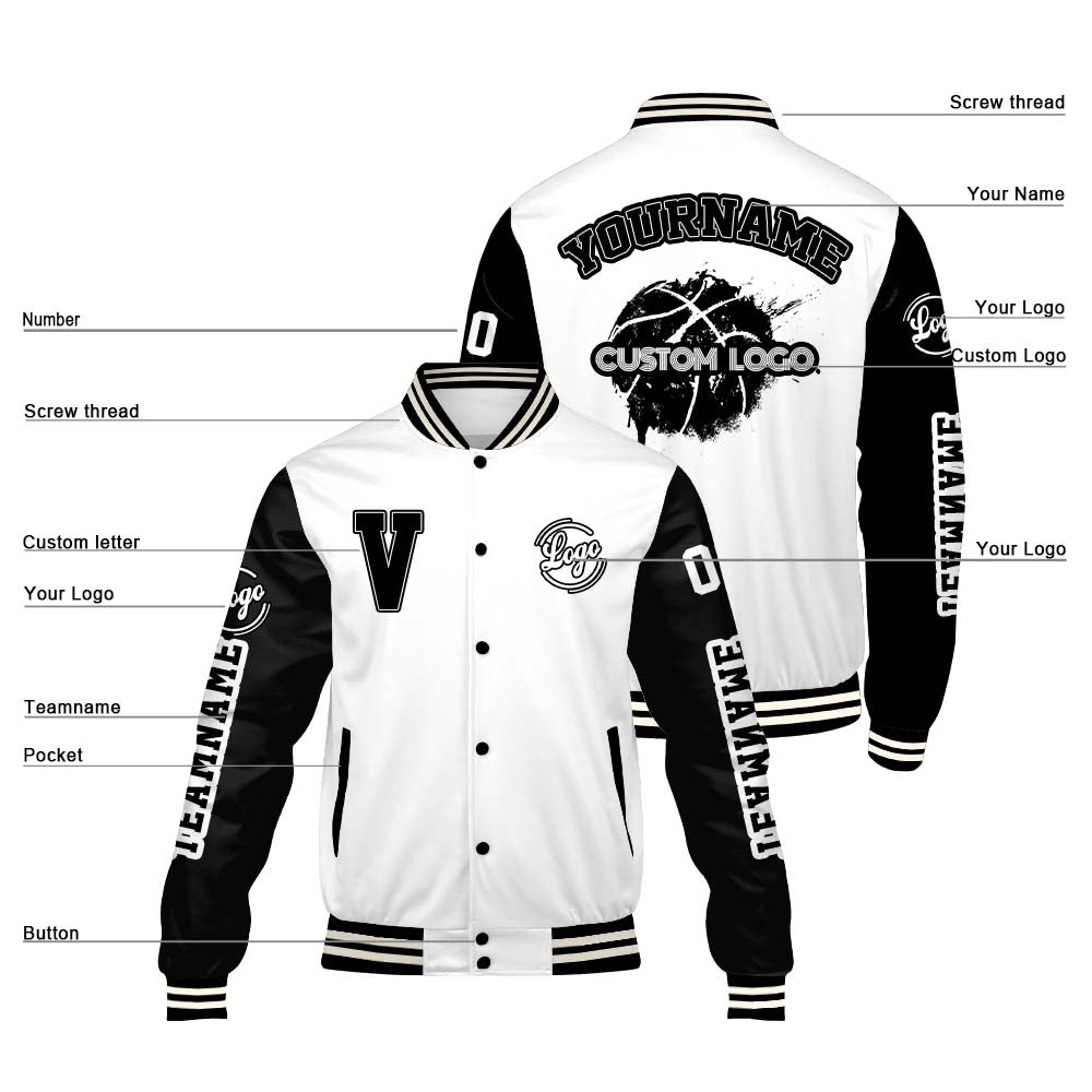 Maßgeschneiderte Weiß Schwarz Letterman Varsity Jacket Individuelle Stickerei Druck nach Ihrem Wunsch