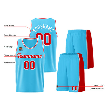 Individuelle Hellblau Rot Basketball Jersey Shorts für Männer und Frauen Gestickter und gedruckter Name, Nummer und Logo