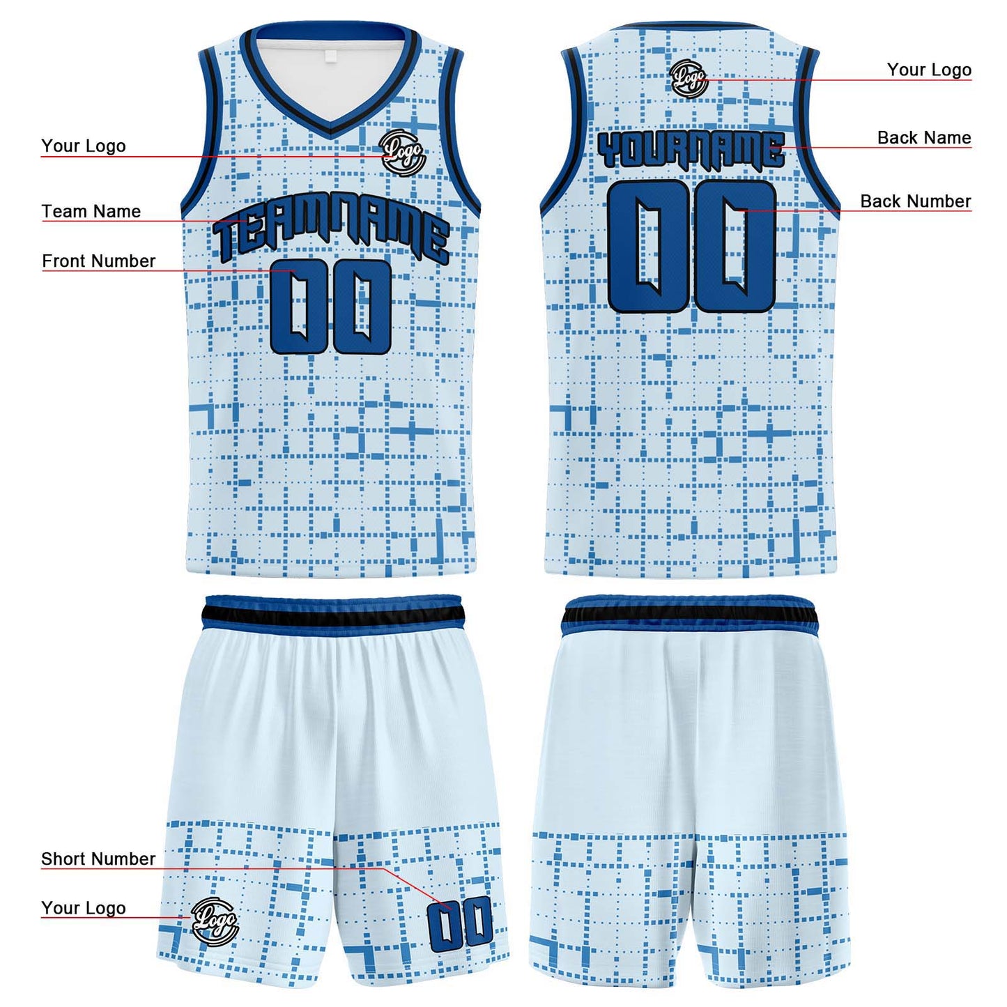 Benutzerdefinierter Hellblau Basketball Jersey Uniform Anzug gedruckt Ihr Logo Name Nummer