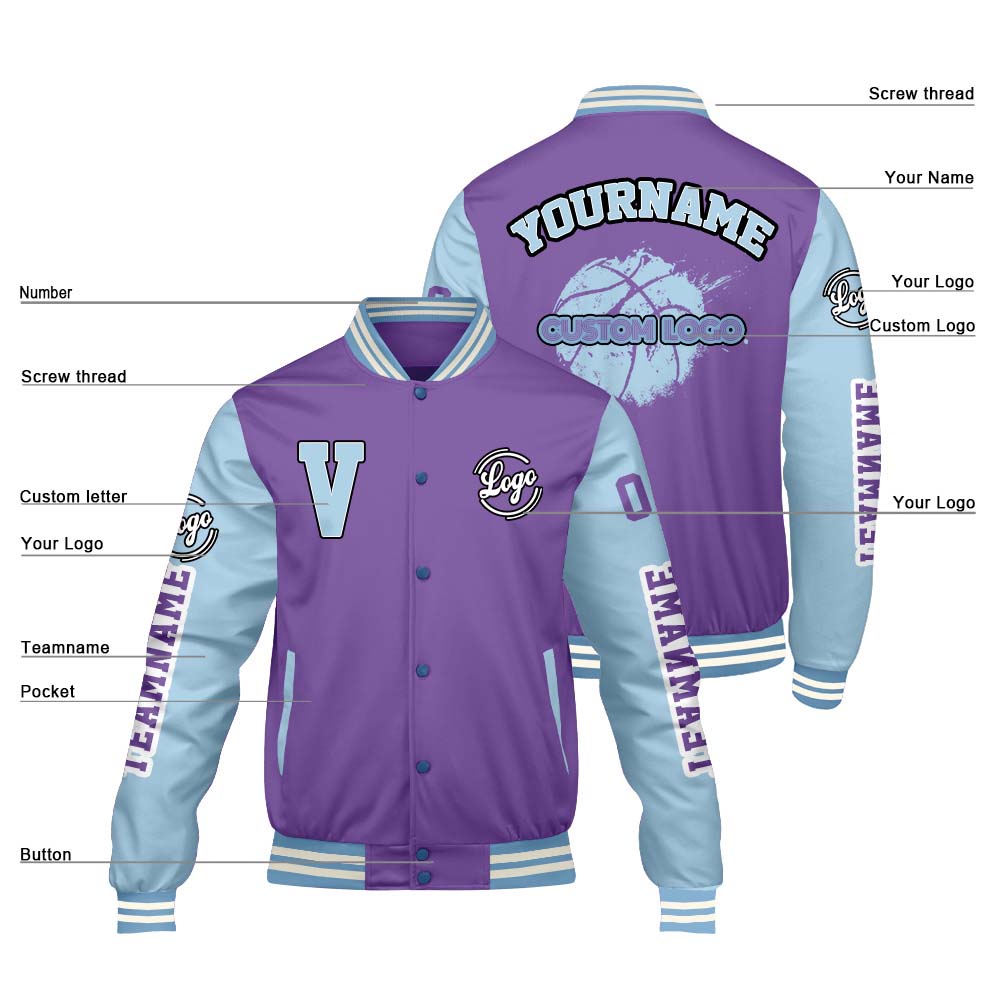 Maßgeschneiderte Lila Löwenblau Letterman Varsity Jacket Individuelle Stickerei Druck nach Ihrem Wunsch