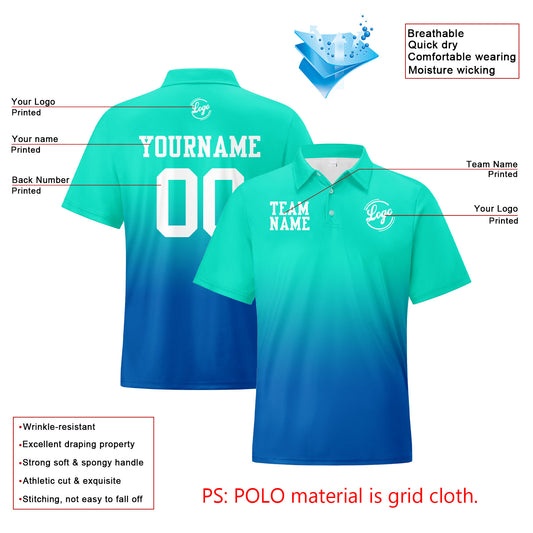 Benutzerdefinierte Cyan Blau Fußball Gradient Polo-Shirts Fügen Sie Ihr Einzigartiges hinzu Logo/Name/Nummer