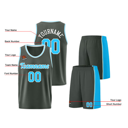 Individuelle Dunkelgrau-Hellblau Basketball Jersey Shorts für Männer und Frauen Gestickter und gedruckter Name, Nummer und Logo