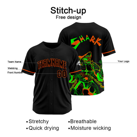 Benutzerdefinierte Baseball Jersey Personalisierte Baseball Shirt genäht und Druck Hai-Schwarz&Orange