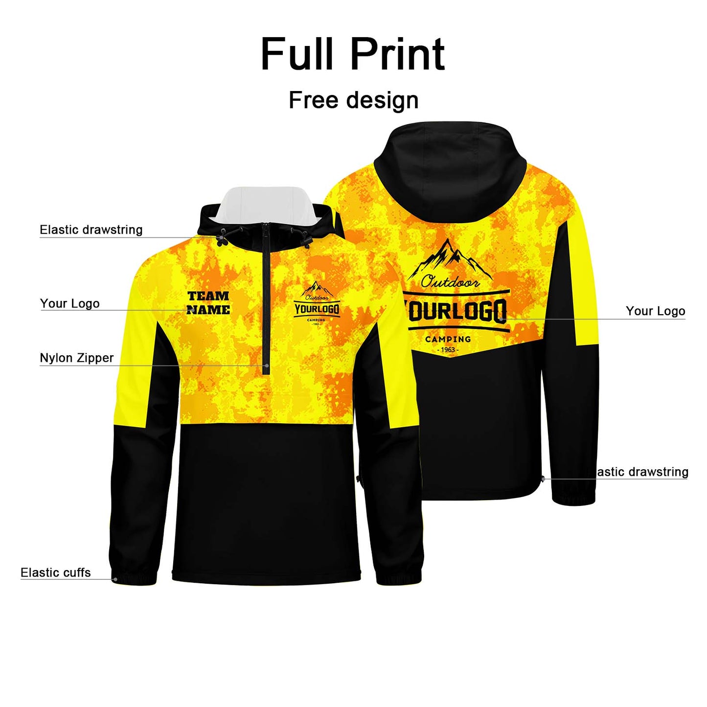 Anpassbare Gelb Camouflage Winddichte Softshell Kapuzenjacke - Vollverschluss, Logo- & Text-Druck