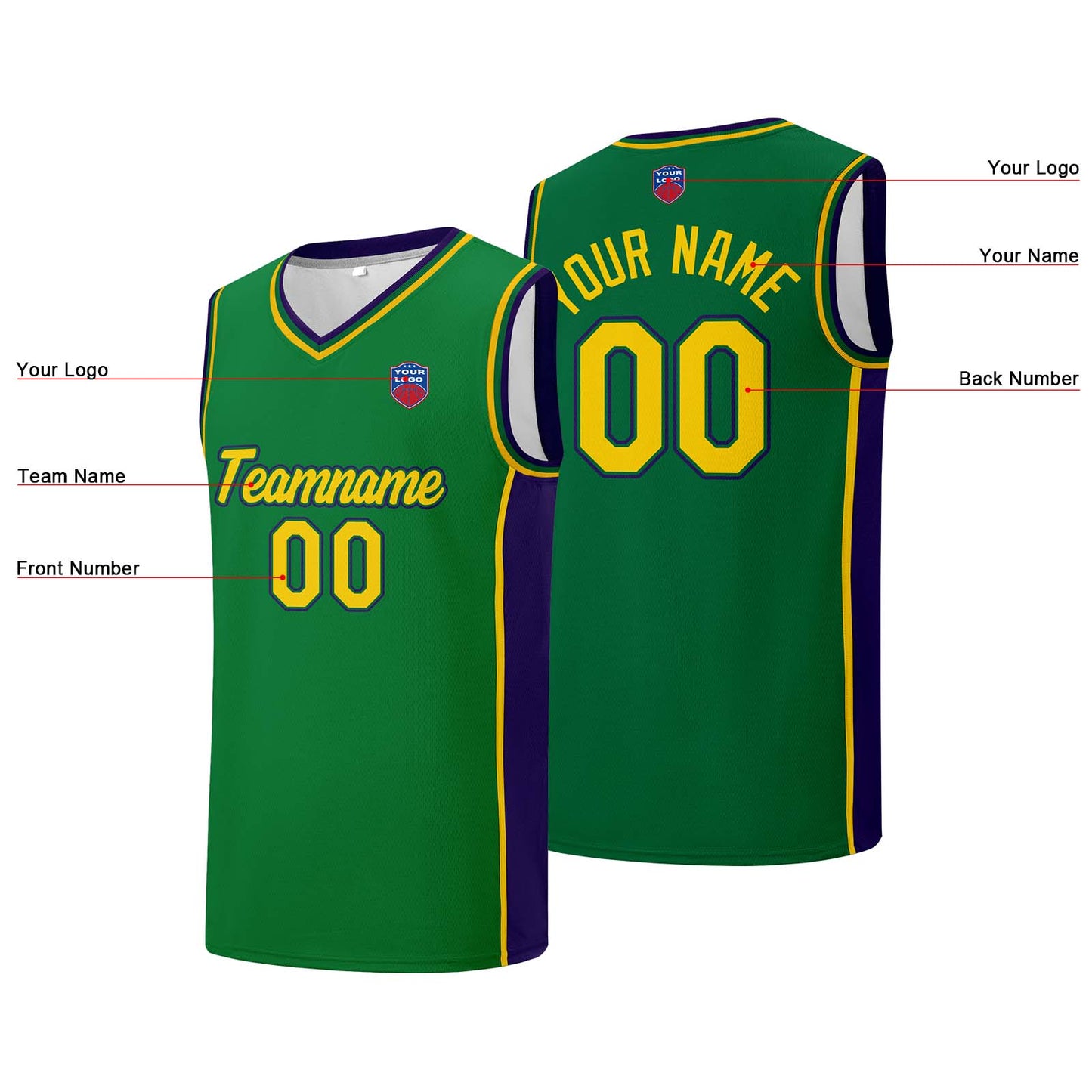 Individuelle Basketball-Jersey-Shorts für Männer und Frauen. Gestickter und gedruckter Name, Nummer und Logo Grün