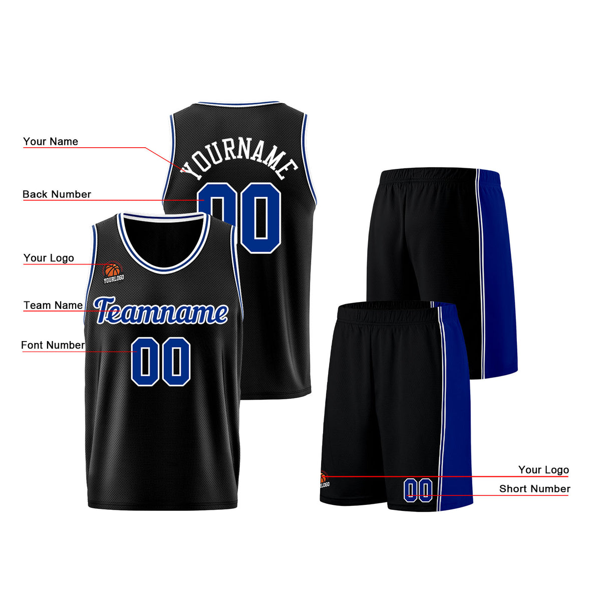 Individuelle Schwarz Königliche Basketball Jersey Shorts für Männer und Frauen Gestickter und gedruckter Name, Nummer und Logo
