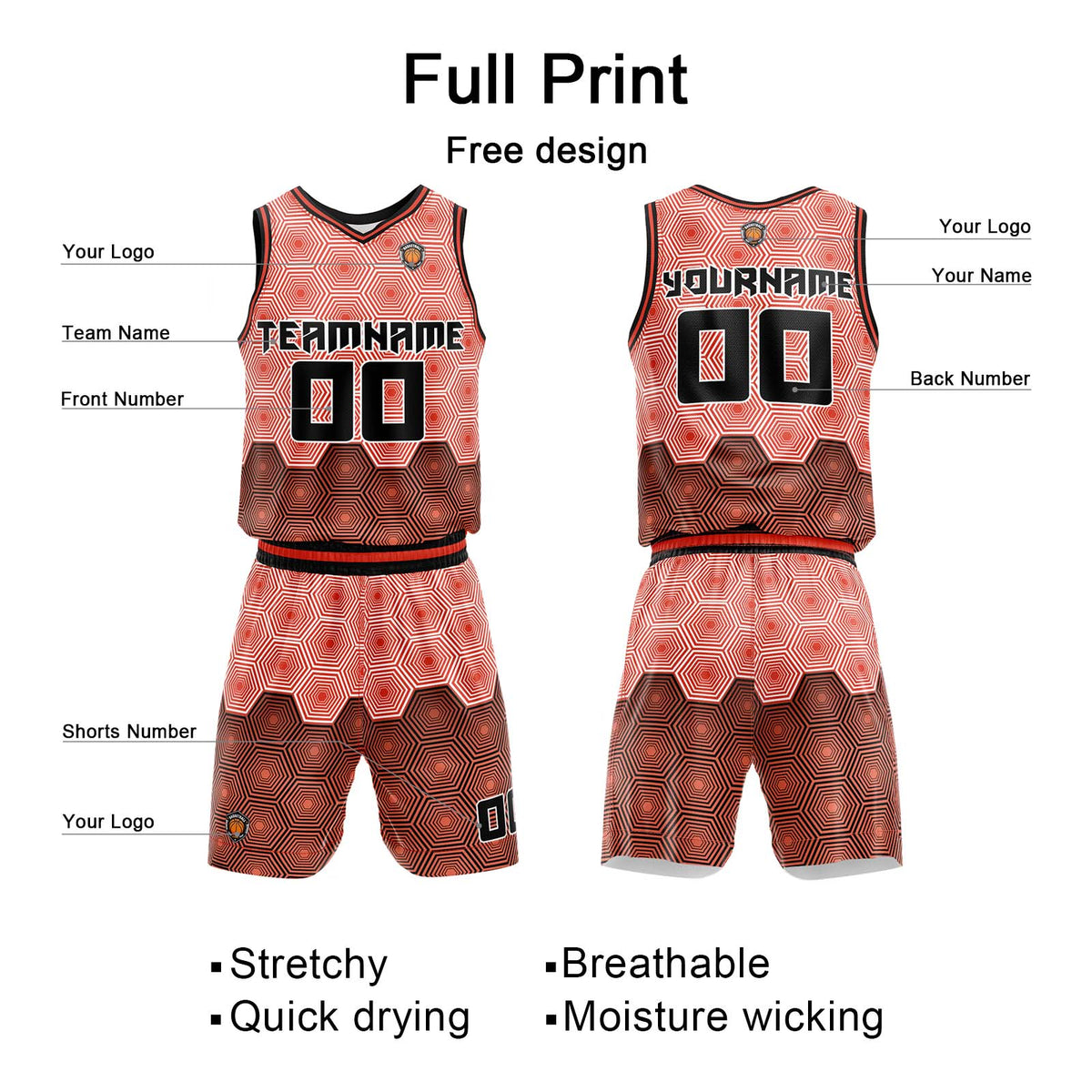 Benutzerdefinierter Dunkel Orange Basketball Jersey Uniform Anzug gedruckt Ihr Logo Name Nummer