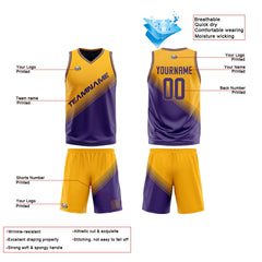 Benutzerdefinierte Gelb Lila Reversible Basketball Jersey Personalisierte Print Name Nummer Logo