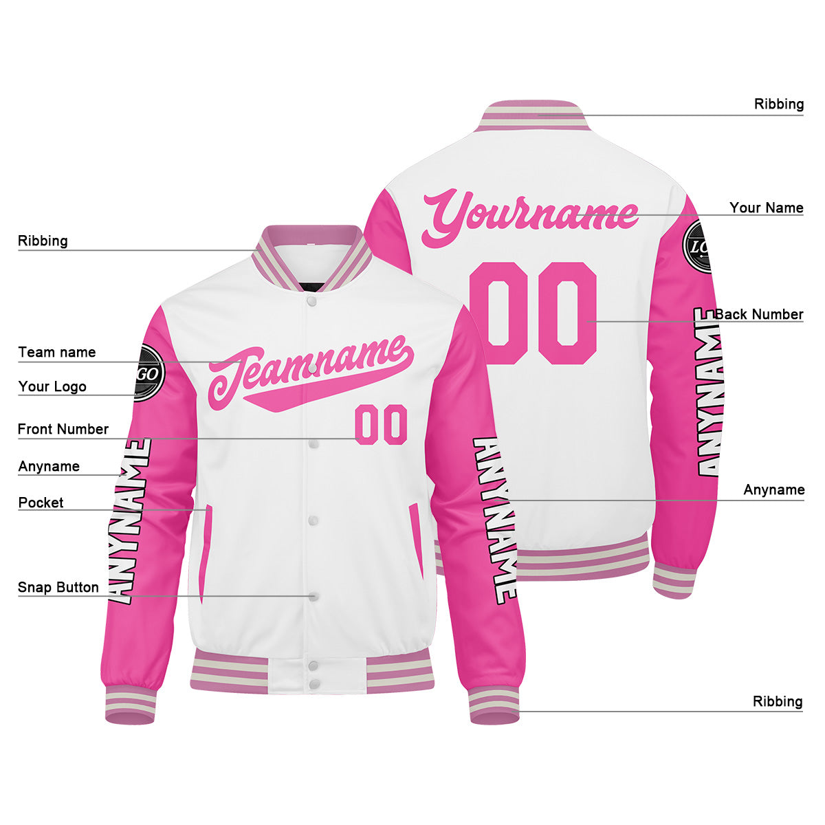 Maßgeschneiderte Weiß Rosa Letterman Varsity Jacket Individuelle Stickerei Druck nach Ihrem Wunsch