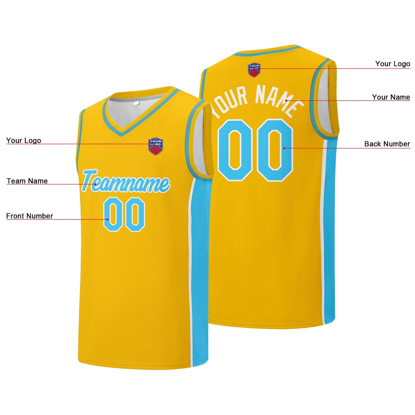 Individuelle Basketball-Jersey-Shorts für Männer und Frauen. Gestickter und gedruckter Name, Nummer und Logo Gelb& Hellblau