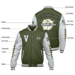 Maßgeschneiderte Olivengrün Grau Letterman Varsity Jacket Individuelle Stickerei Druck nach Ihrem Wunsch