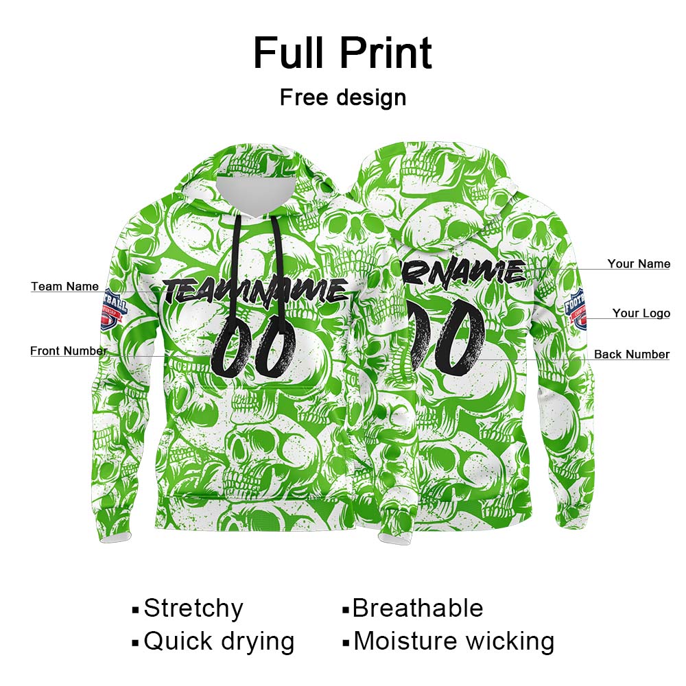 Benutzerdefinierter Sweatshirt-Hoodie für Mann, Frau, Mädchen, Junge. Drucken Sie Ihr Logo, Ihren Namen und Ihre Nummer Grün&Weiß