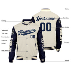 Maßgeschneiderte Marine Creme Letterman Varsity Jacket Individuelle Stickerei Druck nach Ihrem Wunsch
