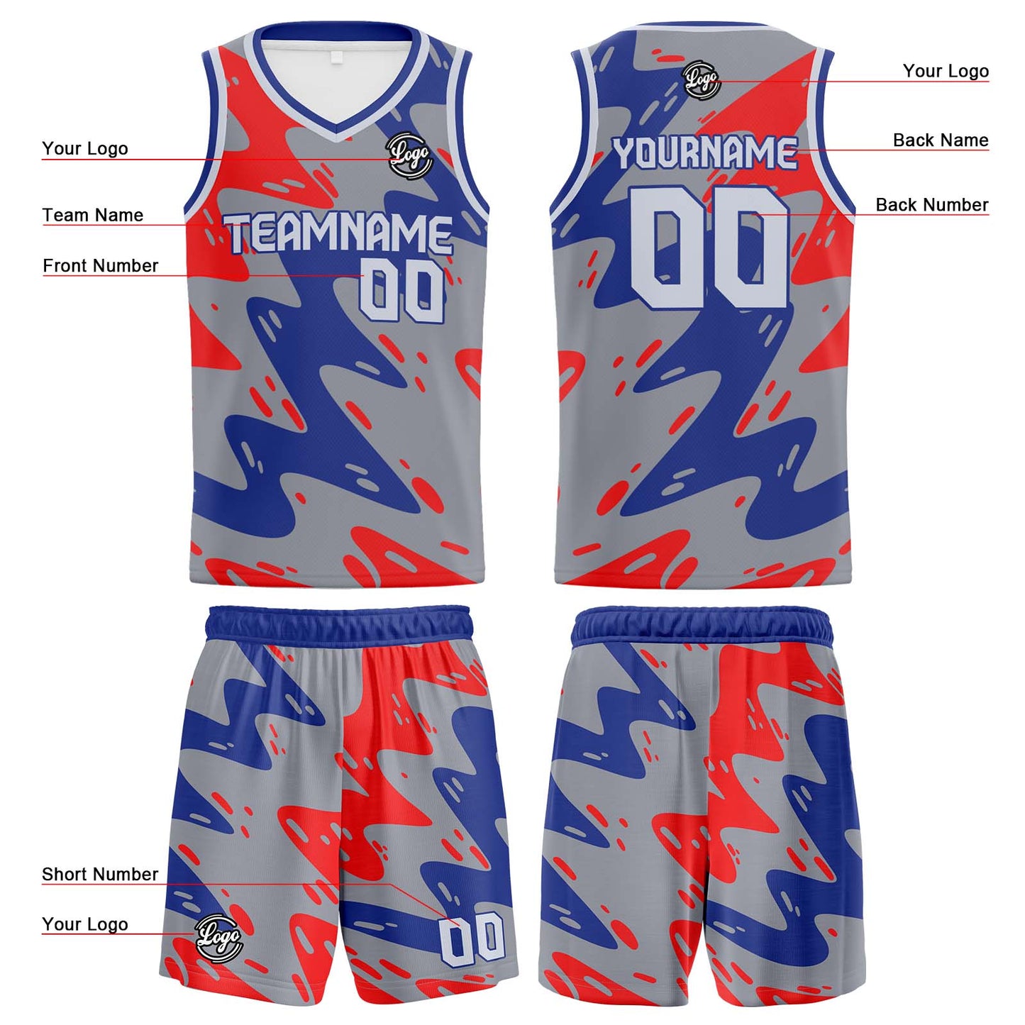 Benutzerdefinierter Grau Blau Rot Basketball Jersey Uniform Anzug gedruckt Ihr Logo Name Nummer