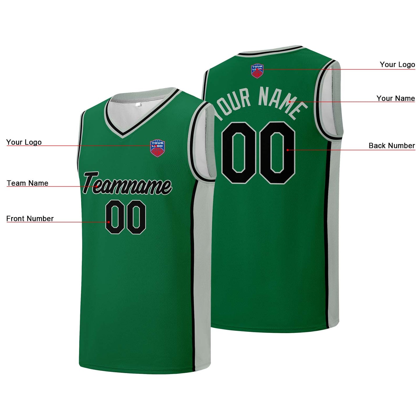 Individuelle Basketball-Jersey-Shorts für Männer und Frauen. Gestickter und gedruckter Name, Nummer und Logo Grün&Grau