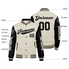 Maßgeschneiderte Schwarz Creme Letterman Varsity Jacket Individuelle Stickerei Druck nach Ihrem Wunsch