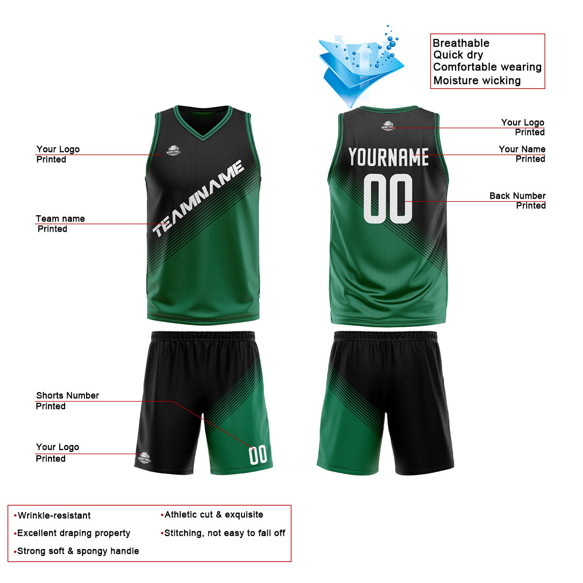 Benutzerdefinierte Schwarz Grün Reversible Basketball Jersey Personalisierte Print Name Nummer Logo