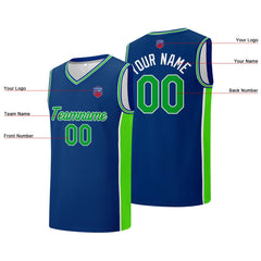 Individuelle Basketball-Jersey-Shorts für Männer und Frauen. Gestickter und gedruckter Name, Nummer und Logo Royal&Neon Grün