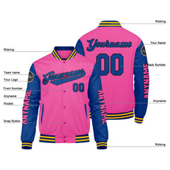 Maßgeschneiderte Rosa Königliches Gelb Letterman Varsity Jacket Individuelle Stickerei Druck nach Ihrem Wunsch