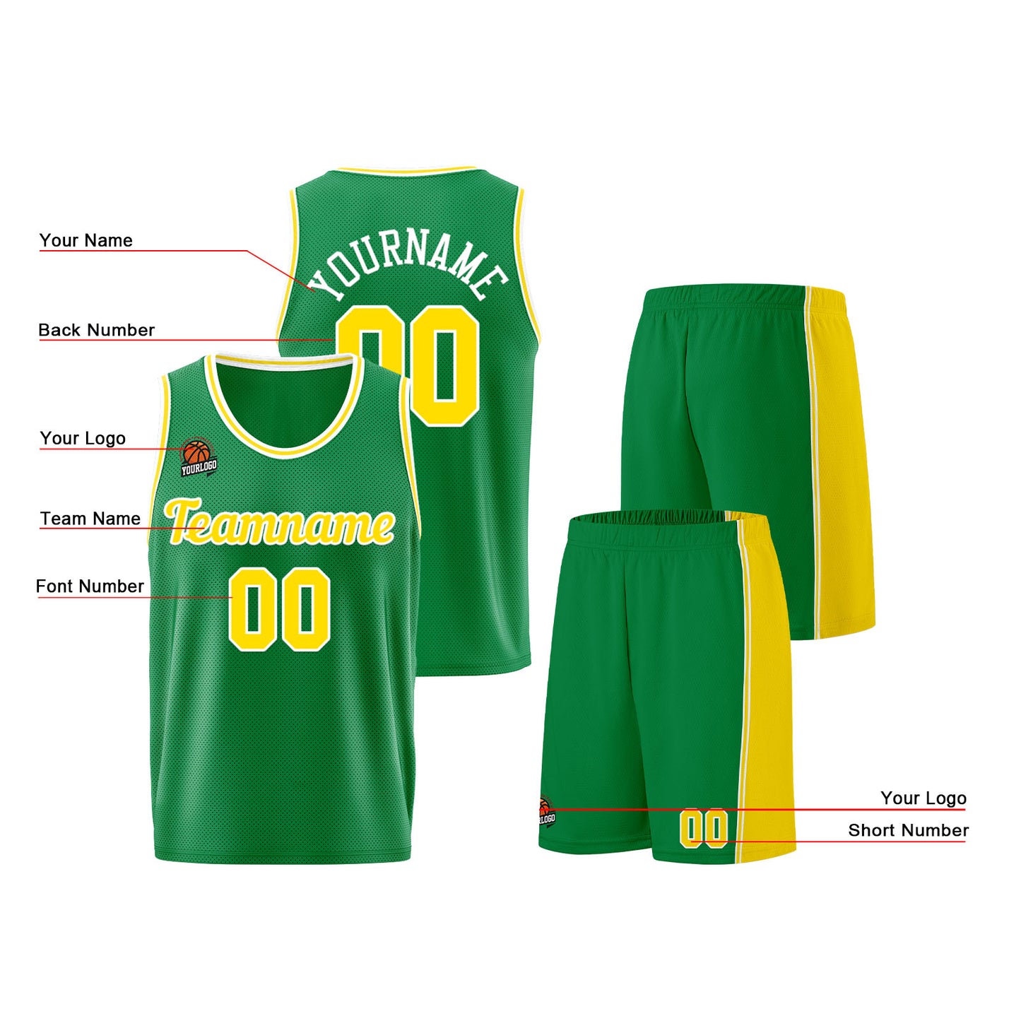 Individuelle Kelly Grün Gelb Basketball Jersey Shorts für Männer und Frauen Gestickter und gedruckter Name, Nummer und Logo