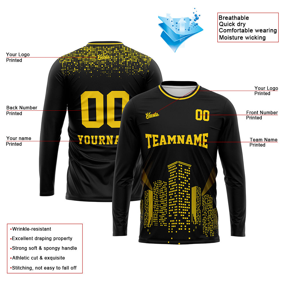 Kundenspezifisches Basketball Fußball Schießen langes T-Shirt für Erwachsene und Kinder Schwarz&Gold