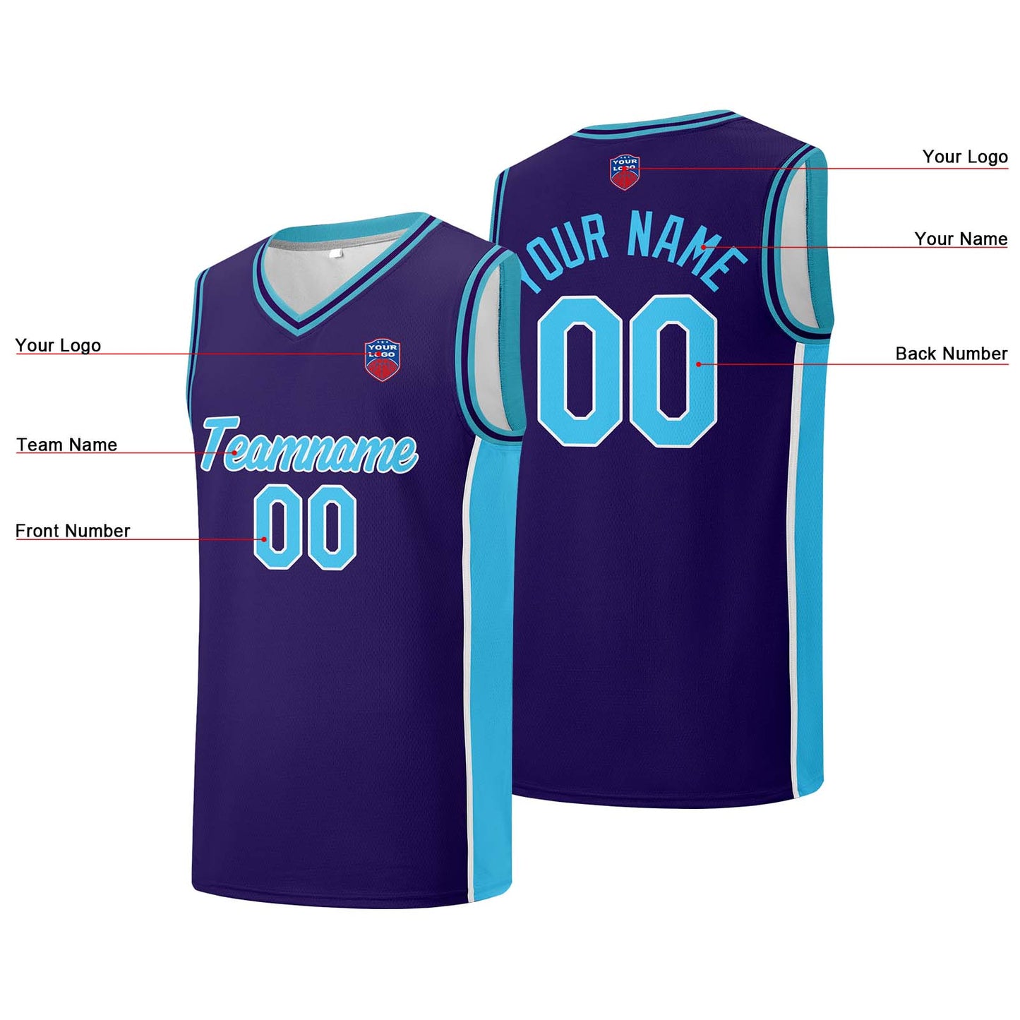 Individuelle Basketball-Jersey-Shorts für Männer und Frauen. Gestickter und gedruckter Name, Nummer und Logo Lila&Hellblau