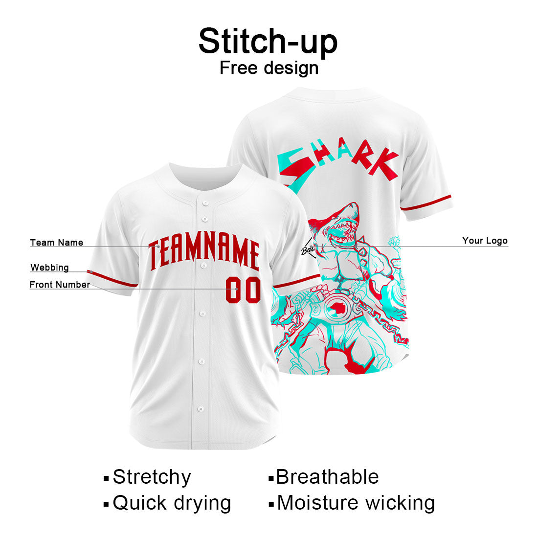Benutzerdefinierte Baseball Jersey Personalisierte Baseball Shirt genäht und Druck Hai-Weiß&Rot