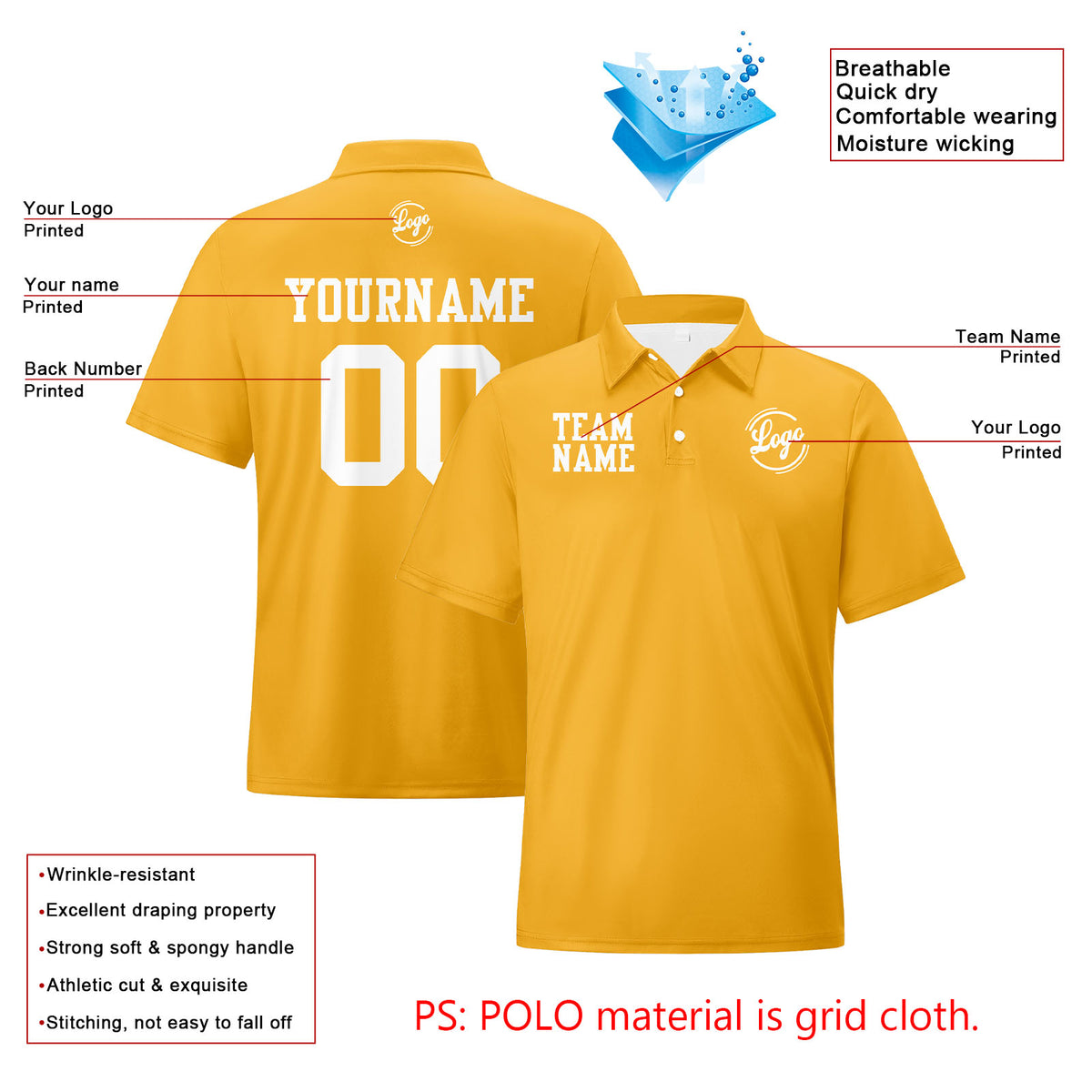 Benutzerdefinierte Gelb Weiß Fußball Polo-Shirts Fügen Sie Ihr Einzigartiges hinzu Logo/Name/Nummer