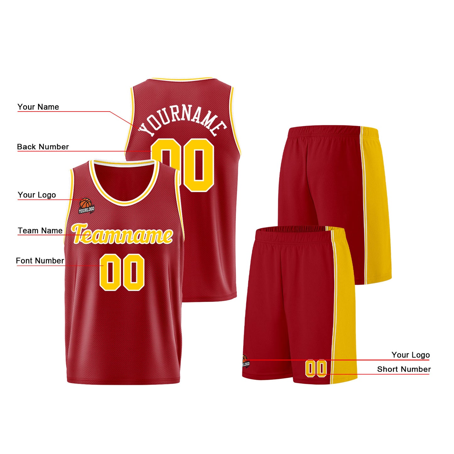 Individuelle Burgund Gelb Basketball Jersey Shorts für Männer und Frauen Gestickter und gedruckter Name, Nummer und Logo