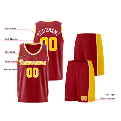 Individuelle Burgund Gelb Basketball Jersey Shorts für Männer und Frauen Gestickter und gedruckter Name, Nummer und Logo