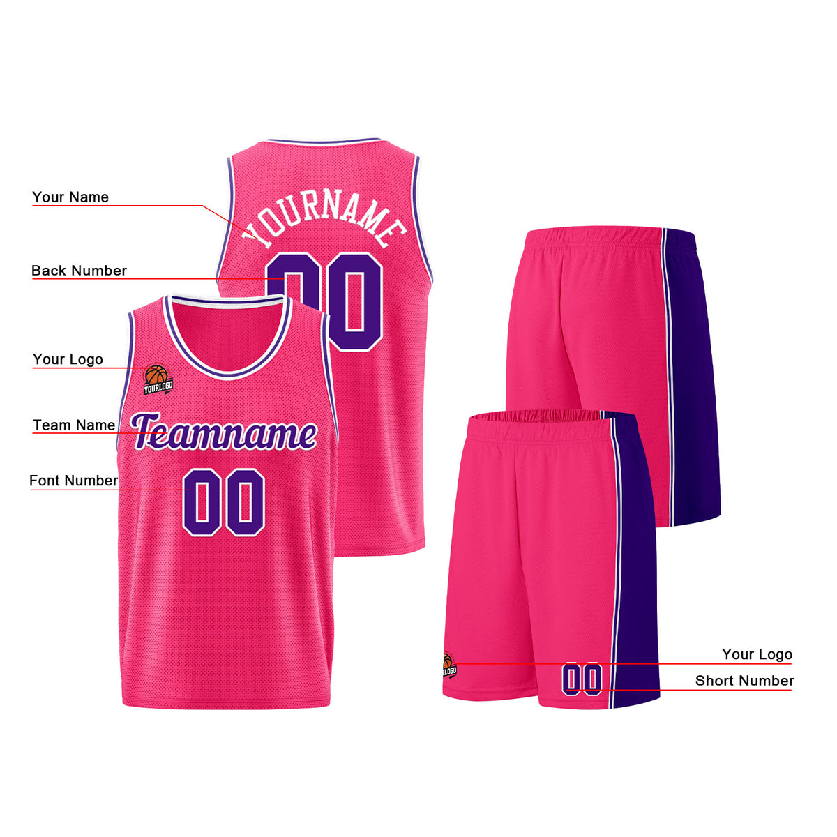 Individuelle Rosa-Lila Basketball Jersey Shorts für Männer und Frauen Gestickter und gedruckter Name, Nummer und Logo