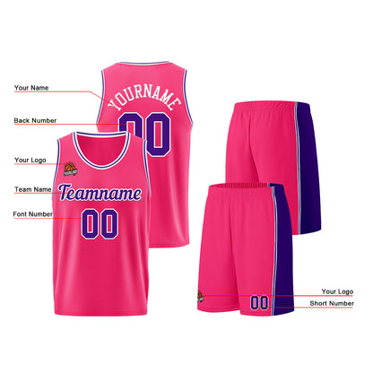 Individuelle Rosa-Lila Basketball Jersey Shorts für Männer und Frauen Gestickter und gedruckter Name, Nummer und Logo