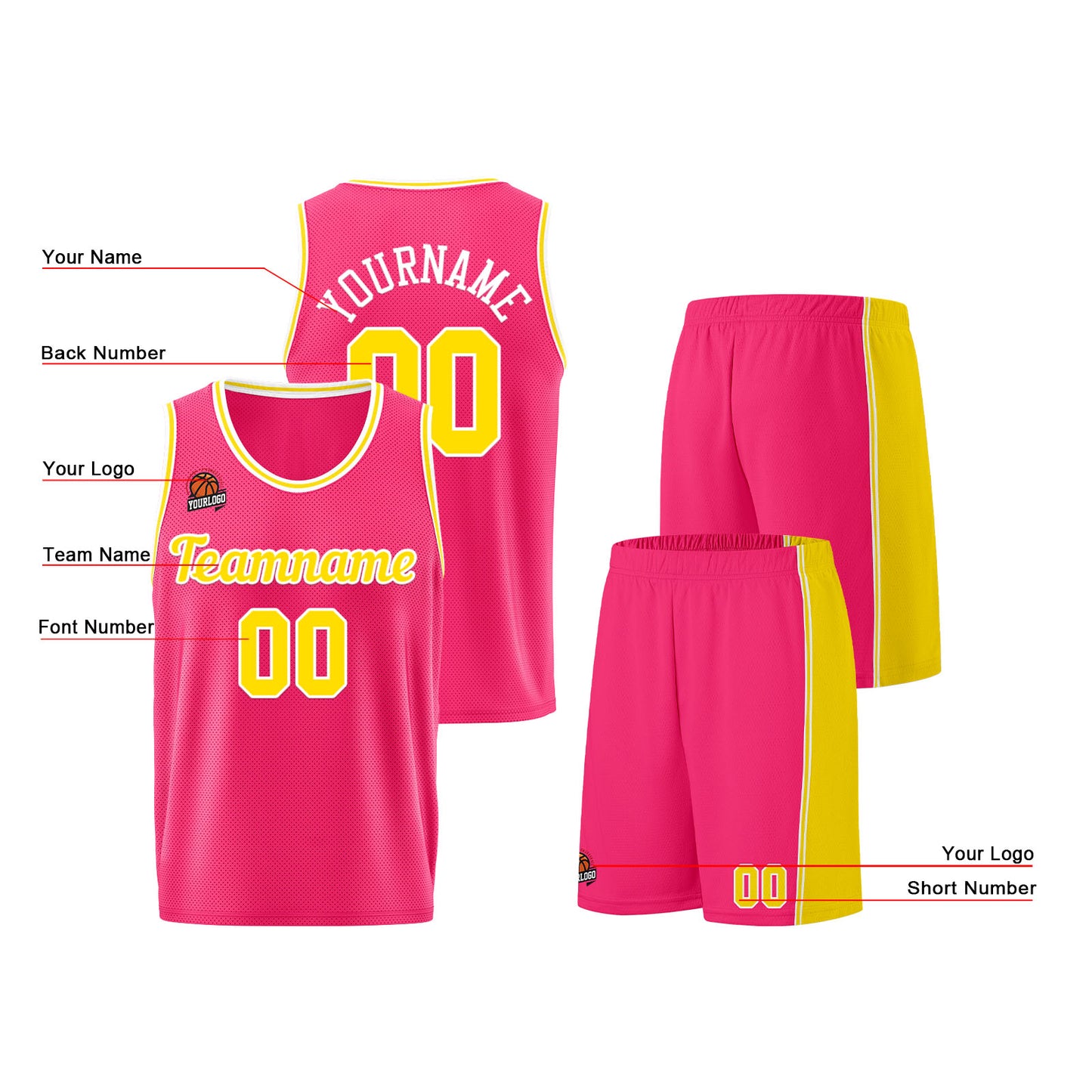 Individuelle Rosa-Gelb Basketball Jersey Shorts für Männer und Frauen Gestickter und gedruckter Name, Nummer und Logo