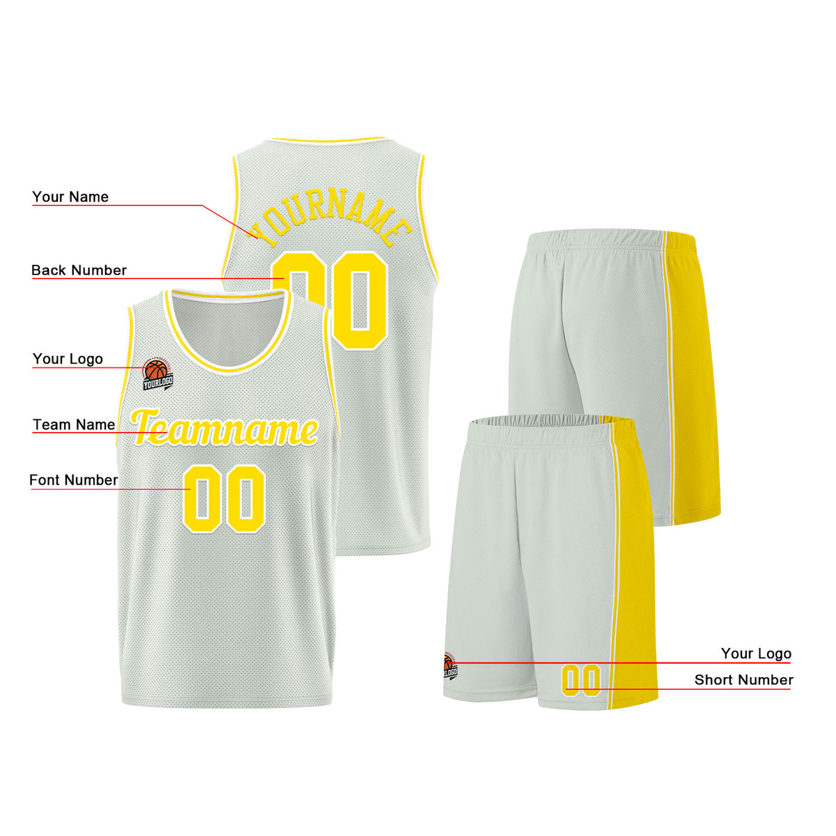 Individuelle Grau-Gelb Basketball Jersey Shorts für Männer und Frauen Gestickter und gedruckter Name, Nummer und Logo
