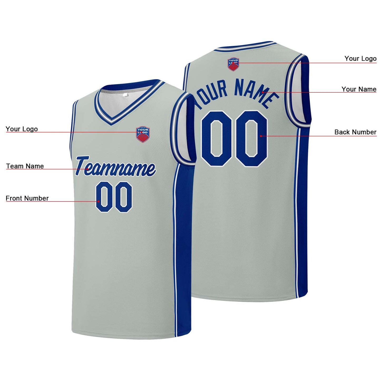 Individuelle Basketball-Jersey-Shorts für Männer und Frauen. Gestickter und gedruckter Name, Nummer und Logo Grau