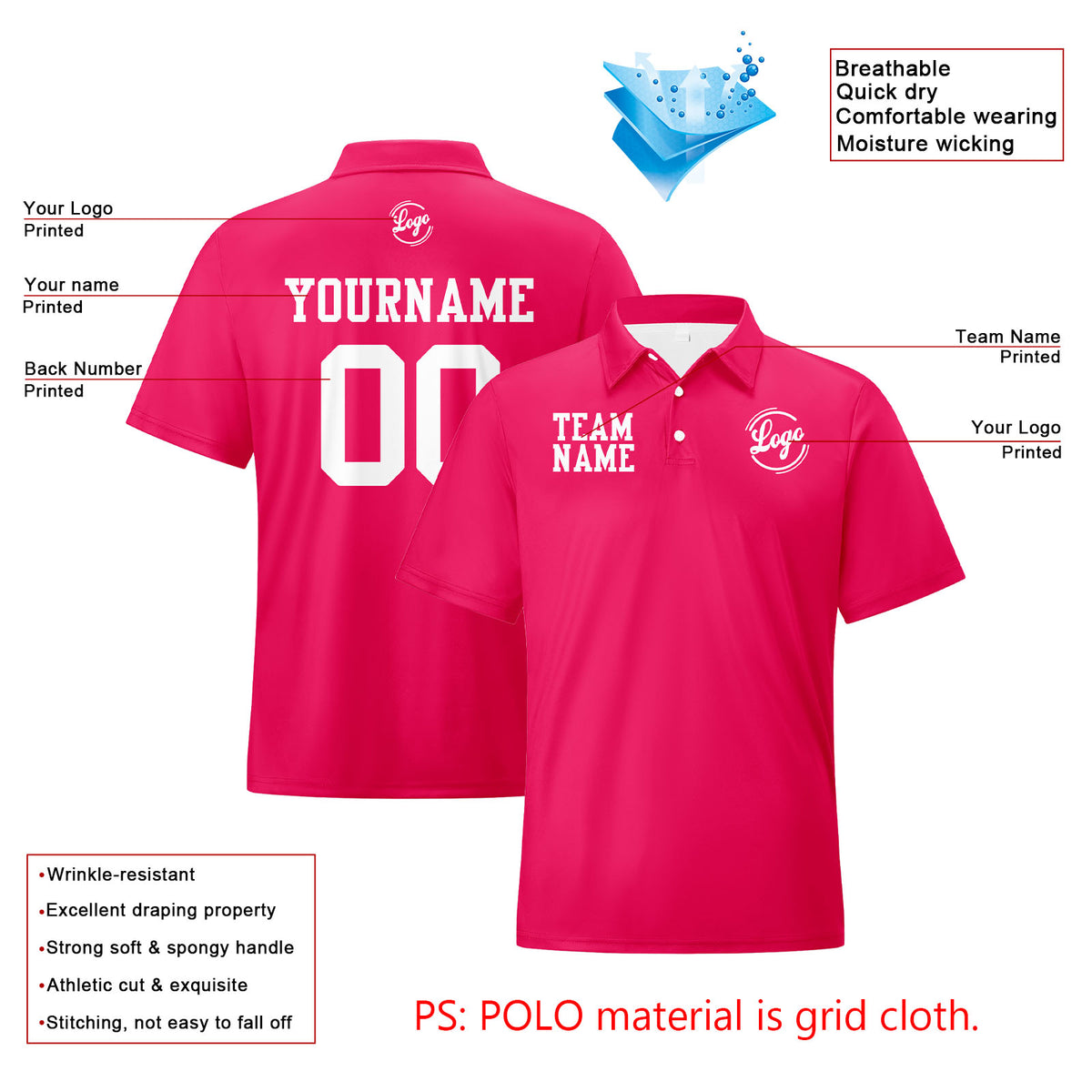 Benutzerdefinierte Lichtrosa Weiß Fußball Polo-Shirts Fügen Sie Ihr Einzigartiges hinzu Logo/Name/Nummer