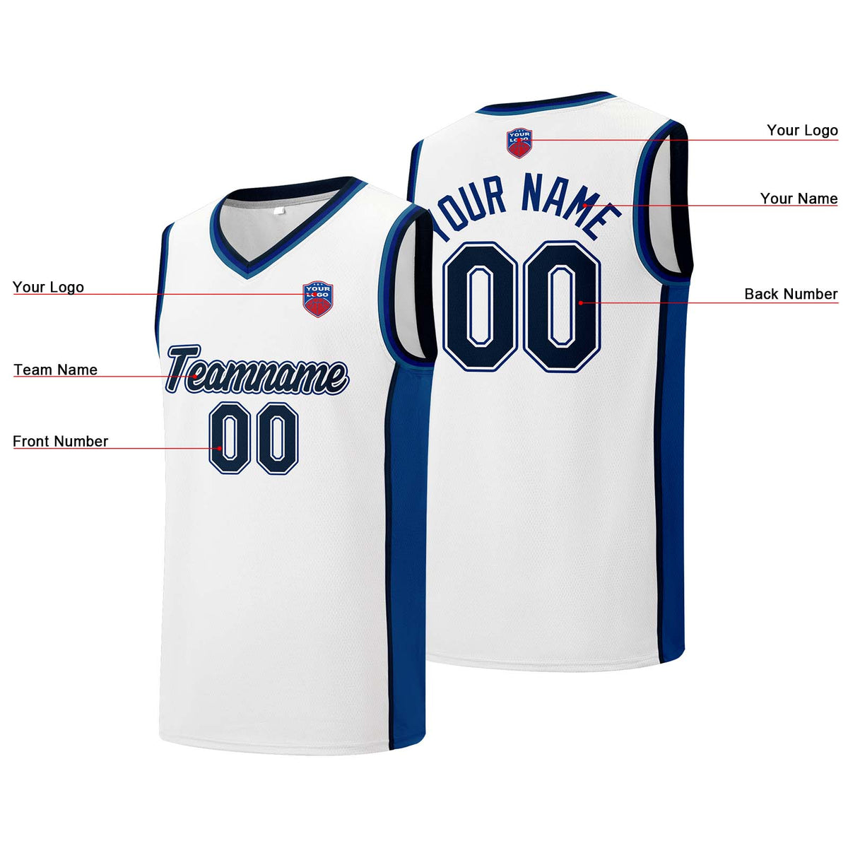 Individuelle Basketball-Jersey-Shorts für Männer und Frauen. Gestickter und gedruckter Name, Nummer und Logo Weiß
