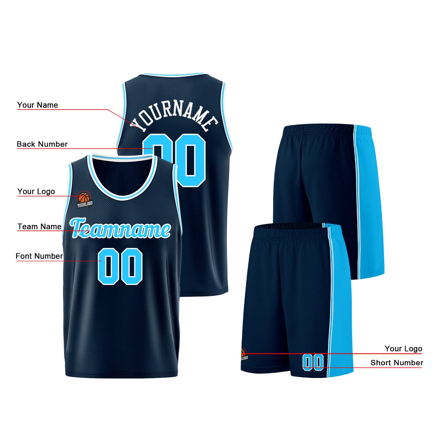 Individuelle Dunkelblau-Hellblau Basketball Jersey Shorts für Männer und Frauen Gestickter und gedruckter Name, Nummer und Logo