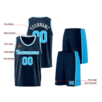 Individuelle Dunkelblau-Hellblau Basketball Jersey Shorts für Männer und Frauen Gestickter und gedruckter Name, Nummer und Logo