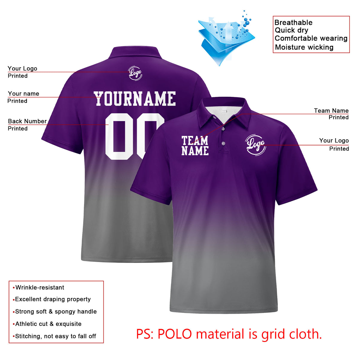 Benutzerdefinierte Lila Grau Fußball Gradient Polo-Shirts Fügen Sie Ihr Einzigartiges hinzu Logo/Name/Nummer
