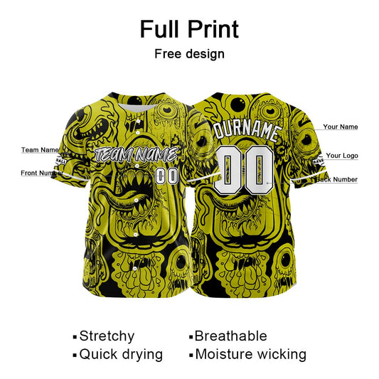 Benutzerdefinierte Baseball Jersey Personalisierte Baseball Shirt genäht und Druck Monster-Gelb