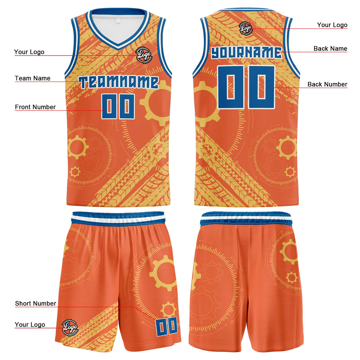 Benutzerdefinierter Orange Blau Basketball Jersey Uniform Anzug gedruckt Ihr Logo Name Nummer