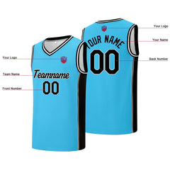 Individuelle Basketball-Jersey-Shorts für Männer und Frauen. Gestickter und gedruckter Name, Nummer und Logo Hellblau