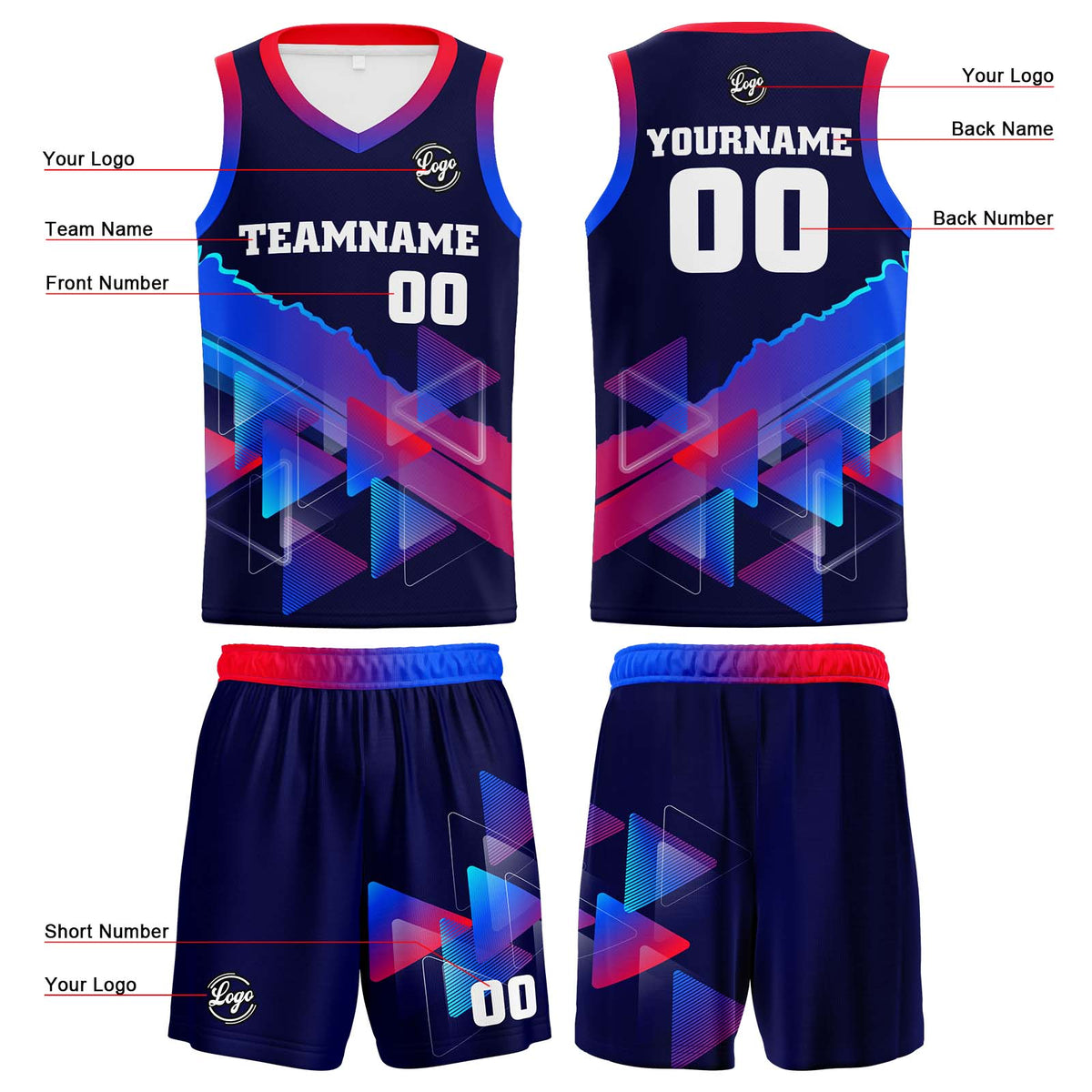 Benutzerdefinierter Marine Rot Blau Basketball Jersey Uniform Anzug gedruckt Ihr Logo Name Nummer