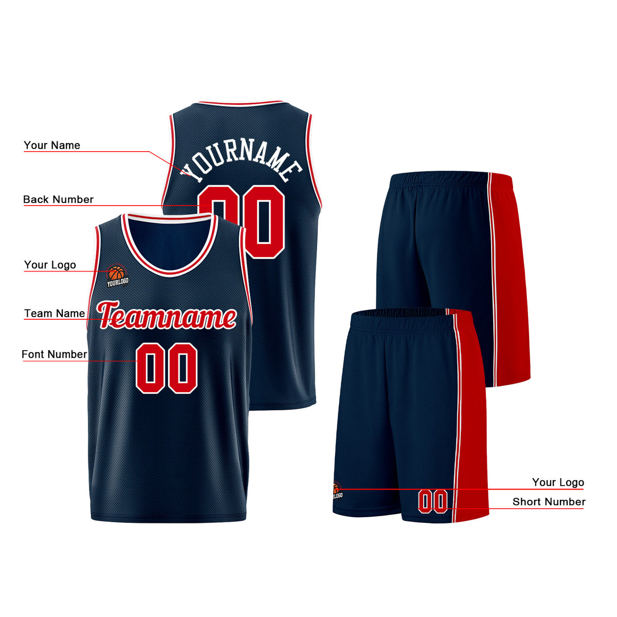 Individuelle Dunkelblau-Rot Basketball Jersey Shorts für Männer und Frauen Gestickter und gedruckter Name, Nummer und Logo